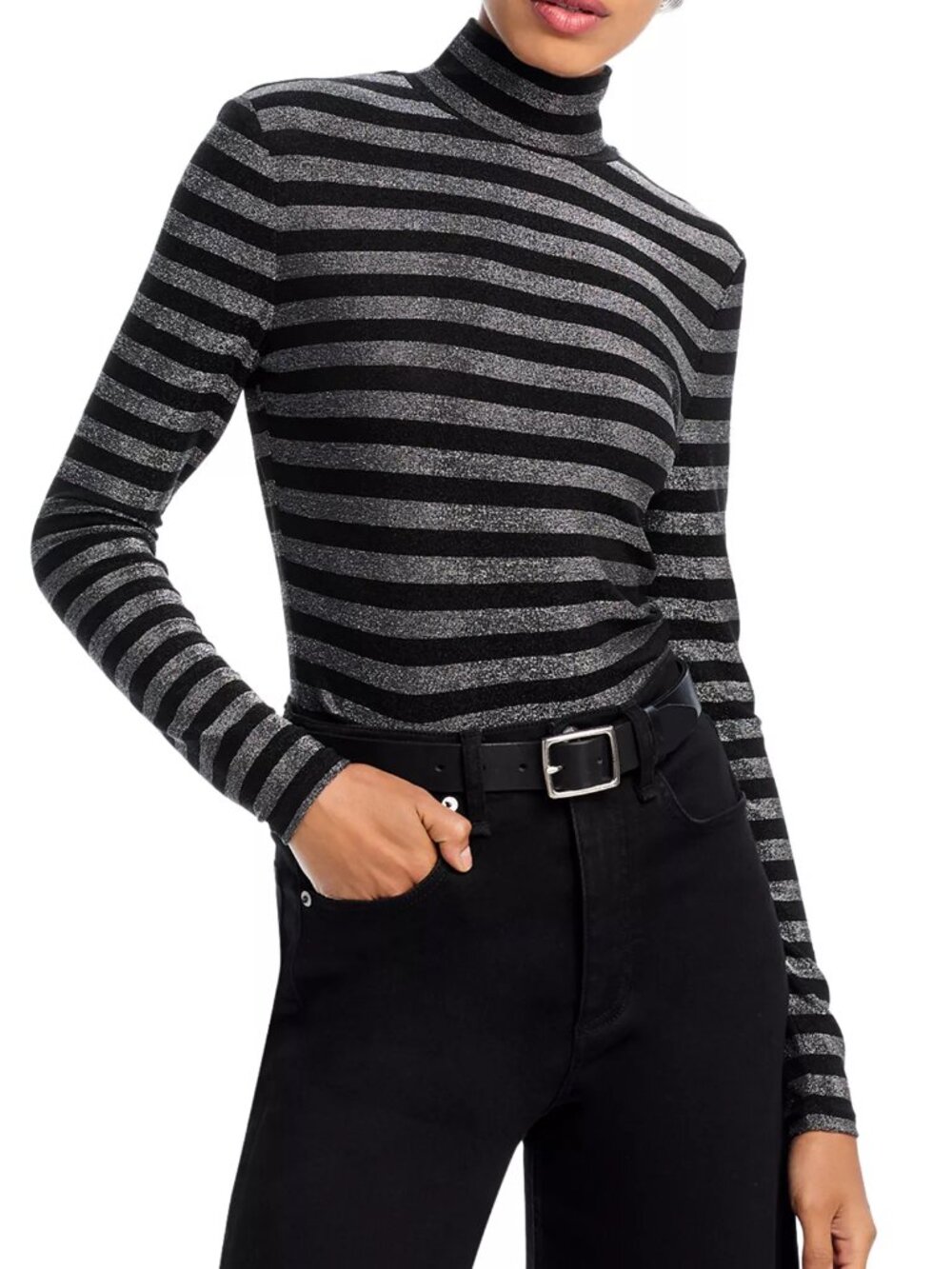 Veronica Beard 'Nate' Striped Stretch-Metallic Top, Silver/Black